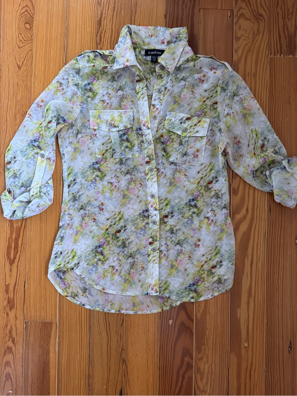 Bebe Sheer Pastel Floral Button-Up Blouse